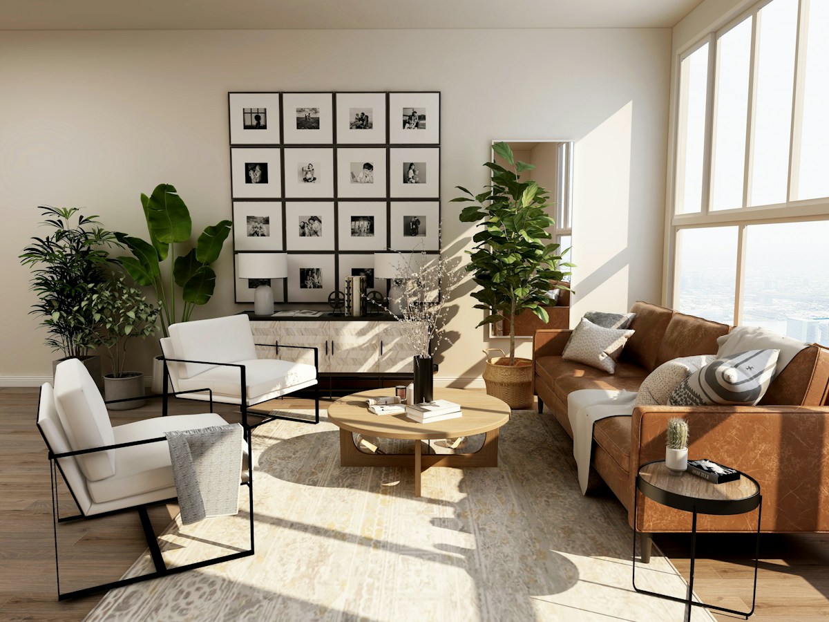 Salon lumineux avec fauteuils et plantes — espace d’illustration